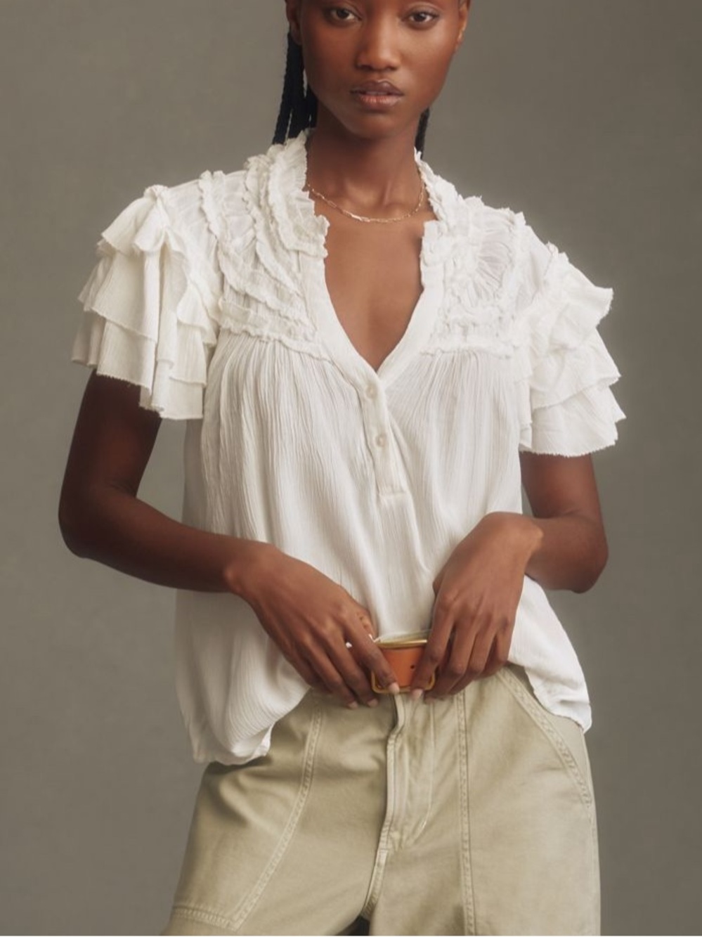Anthropologie Maeve Short Sleeve Ruffle Yoke Blouse White - Picture 3 of 9